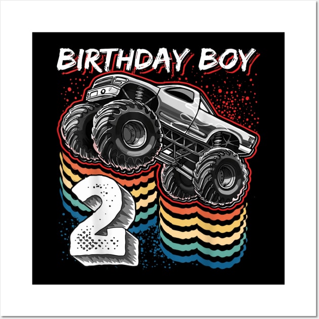 Birthday Boy 2 Monster Truck 2nd Birthday Retro Vintage Gift Wall Art by elmiragokoryan